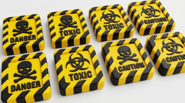 Yellow and black 3d danger toxic and caution warning sign blocks
