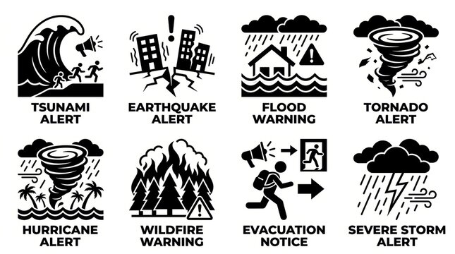 Natural disaster warning icons set for emergency alerts
