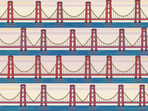 Suspension Bridge Waterfront In Retro Poster Colors