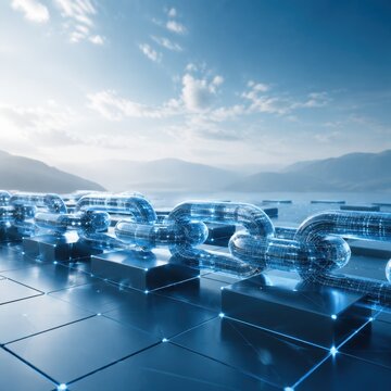 Transparent digital chain links across a glowing blue grid