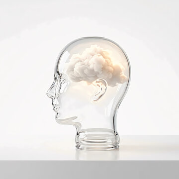 Glass human head profile with a white cloud inside