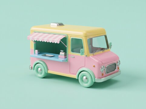 Charming pastel pink food truck on a light teal background with a playful aesthetic