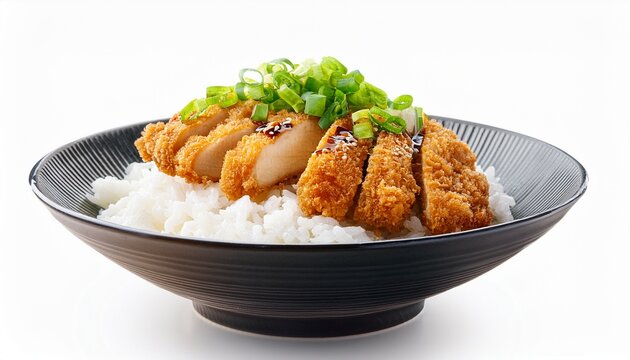 sliced crispy chicken katsu donburi bowl with sauce and green onions on white rice isolated on white background
