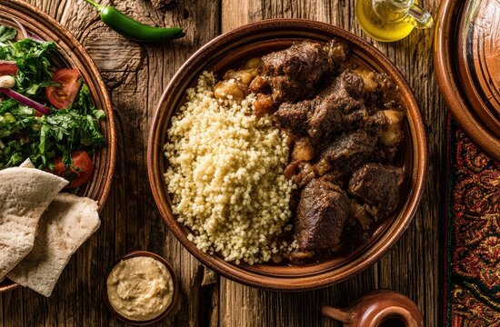 Top view of a traditional middle eastern meal featuring tender lamb meat served with fluffy couscous on a rustic table