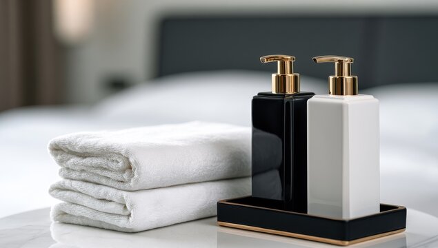 Black and white soap dispensers with clean folded towels placed on a hotel bed for luxury guest room hospitality service