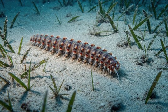 Marine segmented worm crawls across sandy seabed with green seagrass. Colorful aquatic invertebrate moves slowly through shallow clear ocean water. Underwater life.