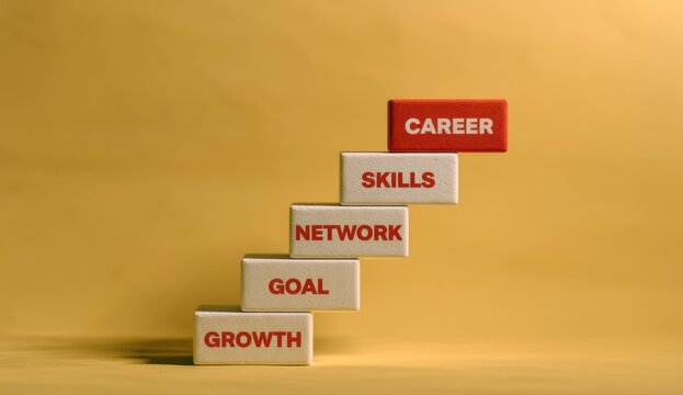 A conceptual image showing wooden blocks arranged like a staircase leading up to a red block labeled with career