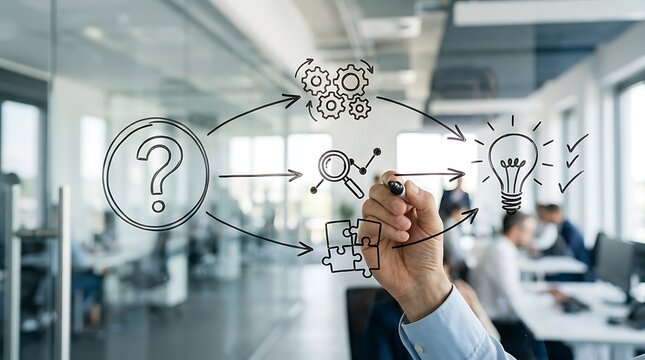 Business professional drawing a problem solving and innovation process flow on a glass wall in an office.