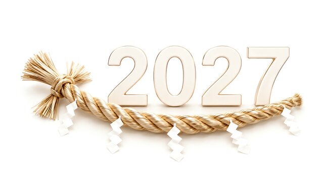 Year 2027 with Japanese Shimenawa Rope on White Background