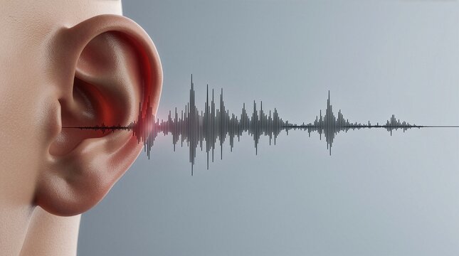 A close up of a human ear with a black audio sound wave signal graph over a clean grey background. Concept of hearing test, otolaryngology medical checkup, and sound perception.