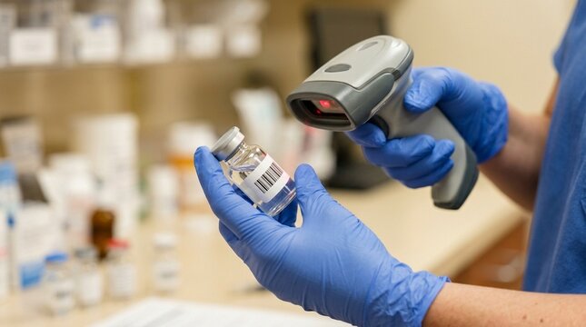 Nurse scanning a vial label before drawing medication &ndash; Close-Up, Hospital Medication Safety