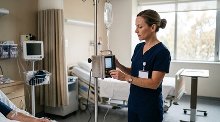 Fototapeta premium Nurse standing beside the infusion pump verifying the rate – Wide Environmental Shot, Hospital Medication Safety