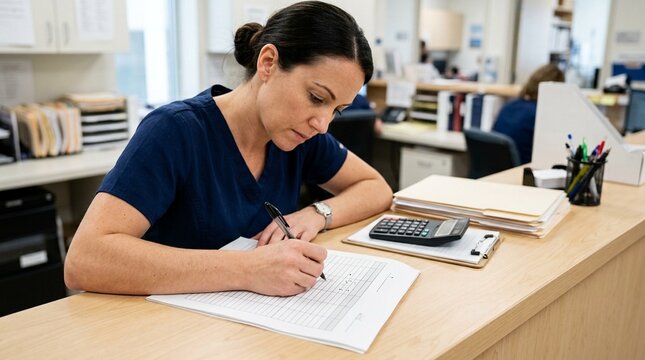 Nurse jotting a calculated dose onto a form &ndash; Detail Shot, Hospital Medication Safety