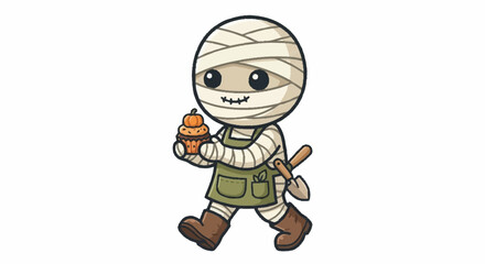 Obraz premium Industrial of a Mummy Character Holding a Pumpkin Shaped Treat and a Small Shovel Wearing a Green Apron and Brown Boots
