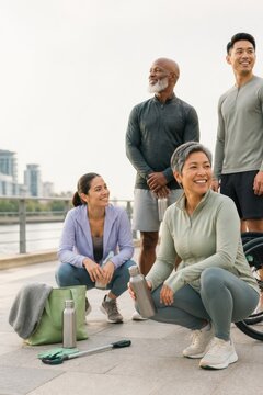 Active adults resting together after outdoor exercise