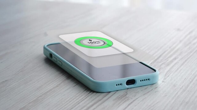 Smartphone charging indicator.
Fully charged smartphone battery.
Smartphone screen with a circular charging indicator.