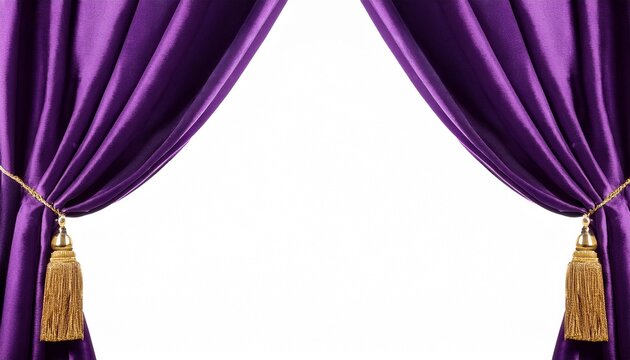 rich purple velvet theater curtains with golden tassels as isolated on white background