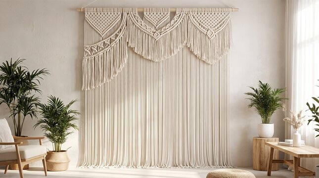 Bohemian macrame wall hanging in a bright, airy room with plants