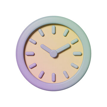 A 3d rendered wall clock with a pastel gradient finish isolated on transparent background