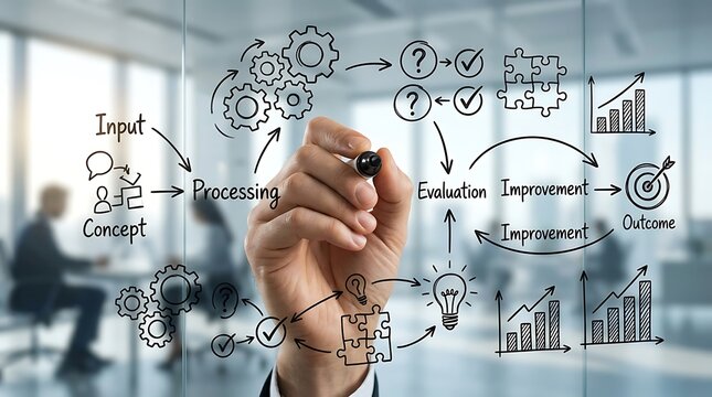 Business professional drawing a complex workflow process diagram on a glass wall in the office.
