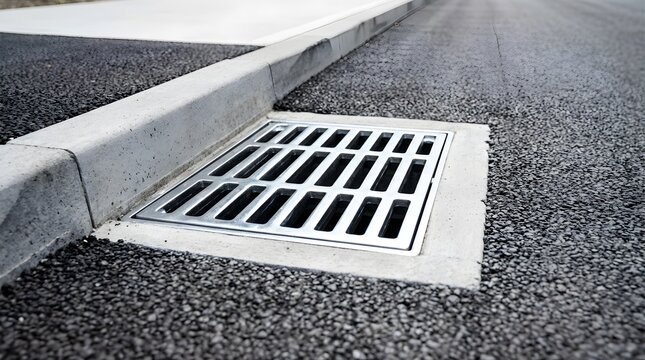 Metal drain grate on asphalt street side with concrete curb detail
