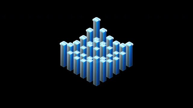 Isometric bar graph columns rising and falling in a dark environment with glowing blue lighting and a pre-keyed transparent backdrop for financial reporting