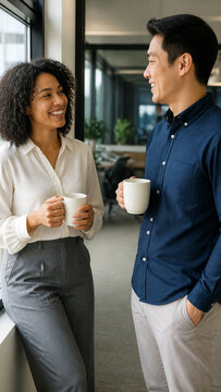 Smiling coworkers holding coffee mugs and enjoying a friendly conversation in a bright contemporary office hallway.