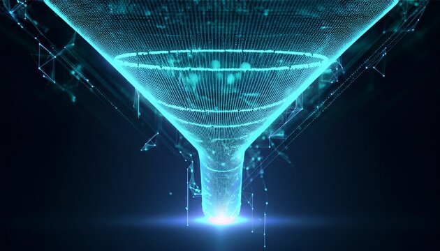 abstract digital sales funnel with particles representing business optimization and customer journey