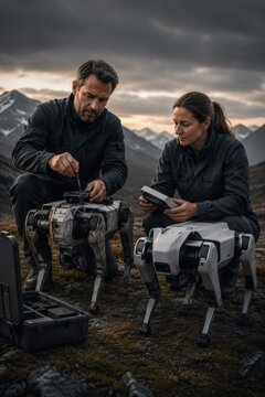 Two technicians repairing quadruped robots on rocky terrain
