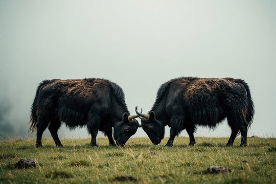 Two large black yaks fight in misty mountains. Strong male animals clash horns on green grass field. Wild yak bulls battle for dominance in high altitude nature. Aggressive livestock headbutt during