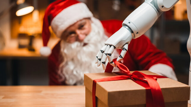 Robotic hand placing ribbon on gift box with santa claus for christmas technology theme background