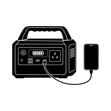 Flat Vector Silhouette of High-Capacity Outdoor Battery Generator Charging Mobile Phone via Cable