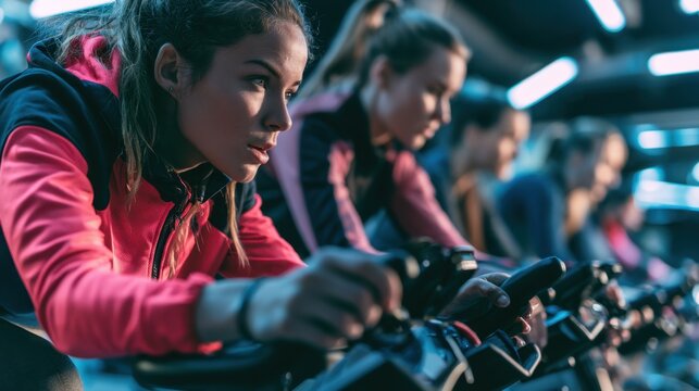 Focused young woman wearing sportswear exercising on stationary bike in indoor cycling class with group trainers