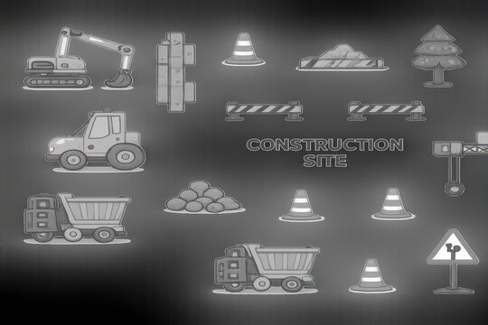 Holographic construction site icons featuring heavy machinery like excavators and trucks with glowing scanline effects on a dark digital interface background for industrial technology.