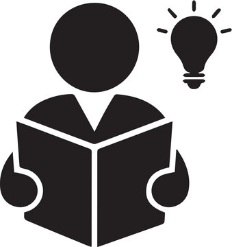 Minimalist Black and White Vector Silhouette Icon of Person Reading Book With Glowing Lightbulb Idea Concept