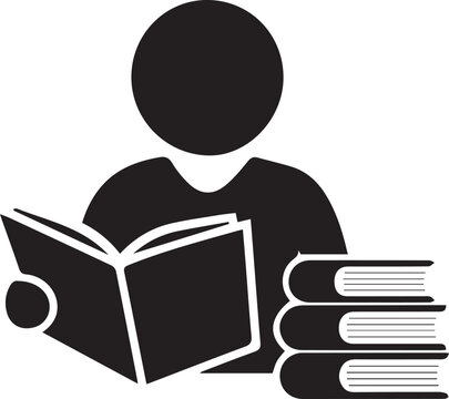 Minimalist Black and White Vector Silhouette Icon of Person Reading Book Next to Stack of Books