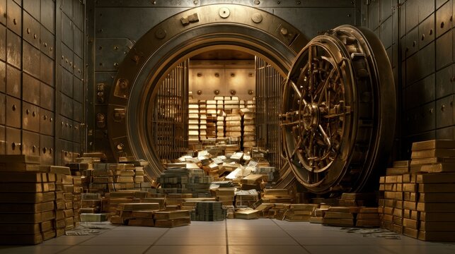Massive open bank vault filled with stacks of gold bars neatly piled inside large secure room with heavy metal door open
