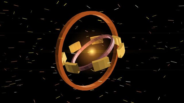 3D rotating futuristic gold and orange gimbal rings with glowing central light and sparks