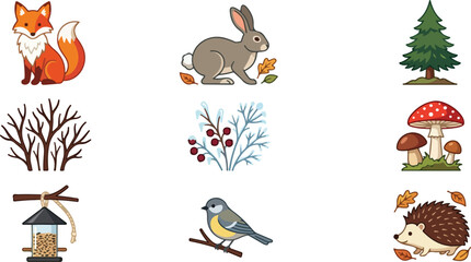Obraz premium A delightful collection featuring charming woodland animals including a clever fox a timid rabbit and a prickly hedgehog accompanied by forest elements like mushrooms trees and birds