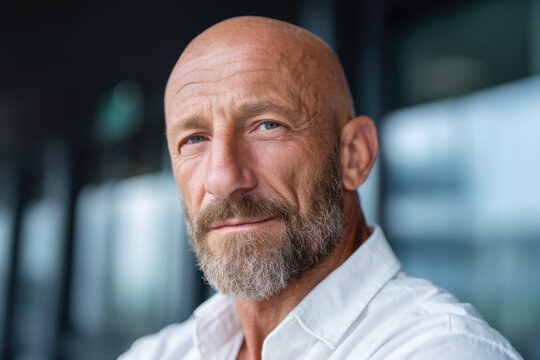 Confident bald businessman with beard in a modern office environment