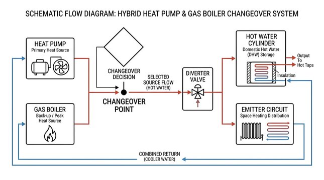Schematic flow diagram of hybrid heat pump and gas boiler changeover system with clean layout.