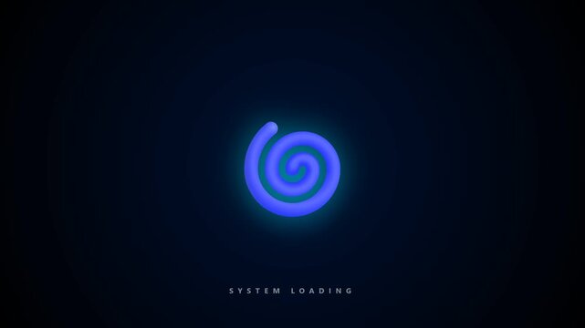 Abstract glowing blue spiral loading icon on a dark background.