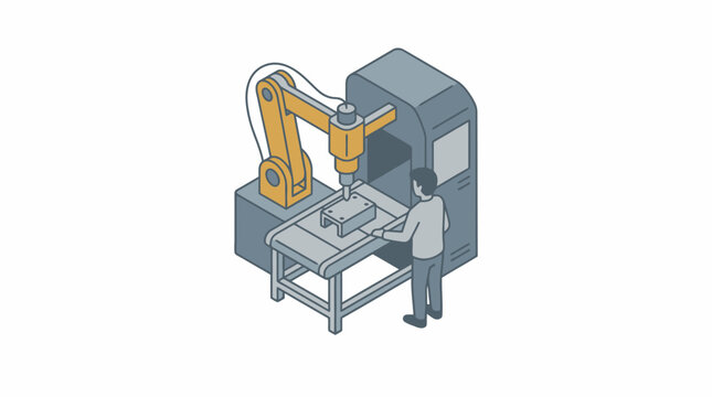 Professional Isometric of Engineer Operating a CNC Machining Robot with Orange Arm and Gray Machine