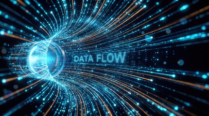 Fototapeta premium Abstract digital data flow tunnel with glowing blue light particles and fiber optic lines.