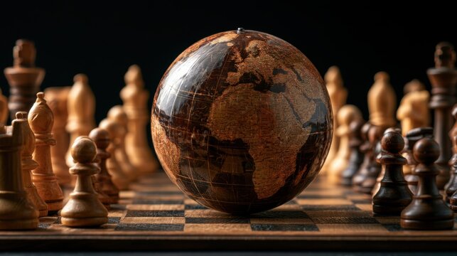 Dark wooden globe placed on vintage wooden chess board surrounded by carved wooden chess pieces with black background