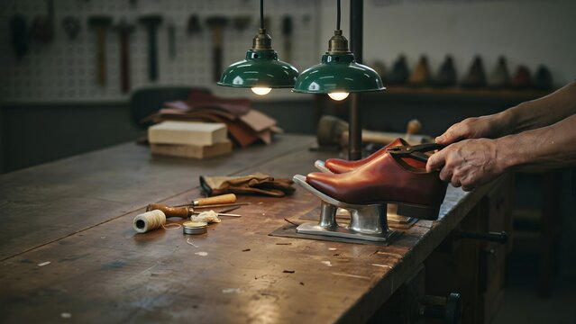 Shoe manufacturing workshop with leather shoes and tools in a factory setting