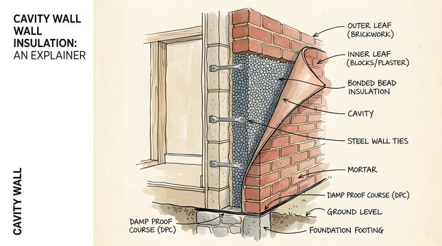Technical cavity wall insulation diagram showing outer brickwork and steel wall ties detail.