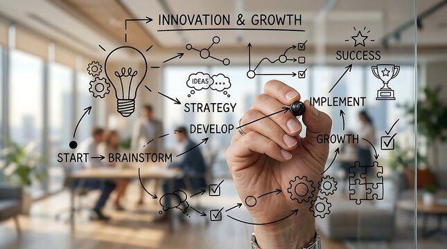 Business professional drawing an innovation and growth strategy diagram on a glass office wall.