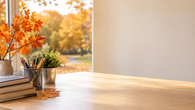 Wooden desk with books, pencil holder and plant against window with autumn landscape. Office workspace with seasonal decoration. Cozy study zone during Thanksgiving or fall season.