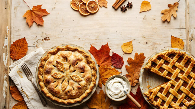 Freshly baked apple pies on a rustic wooden table